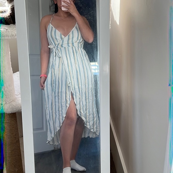 🛍 3/$10 White striped blue and yellow midi sun dress vacation dress - Picture 4 of 5